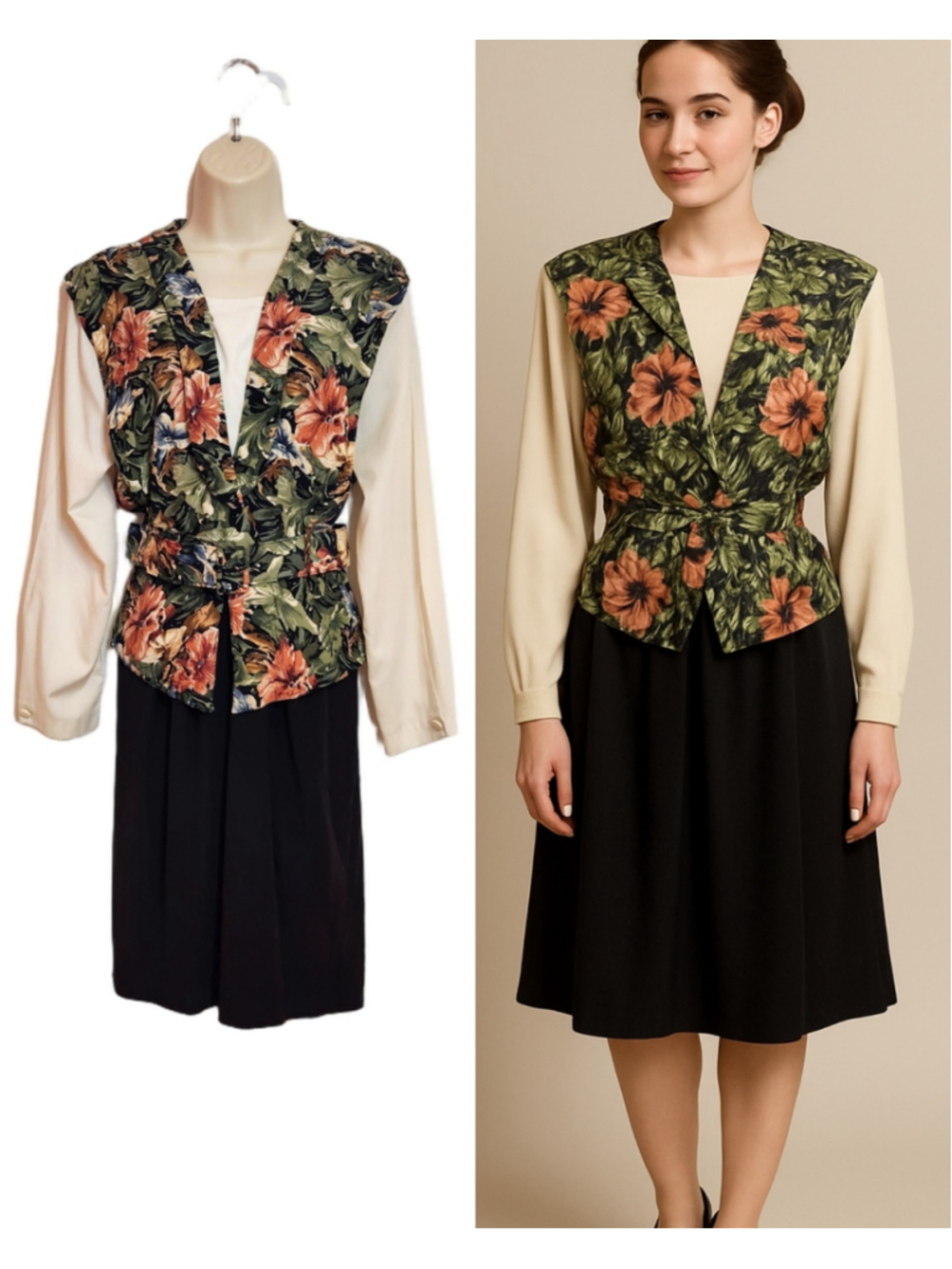 Blondie And Me Vintage Floral Belted Black Layered-Style Dress Black/Beige Small